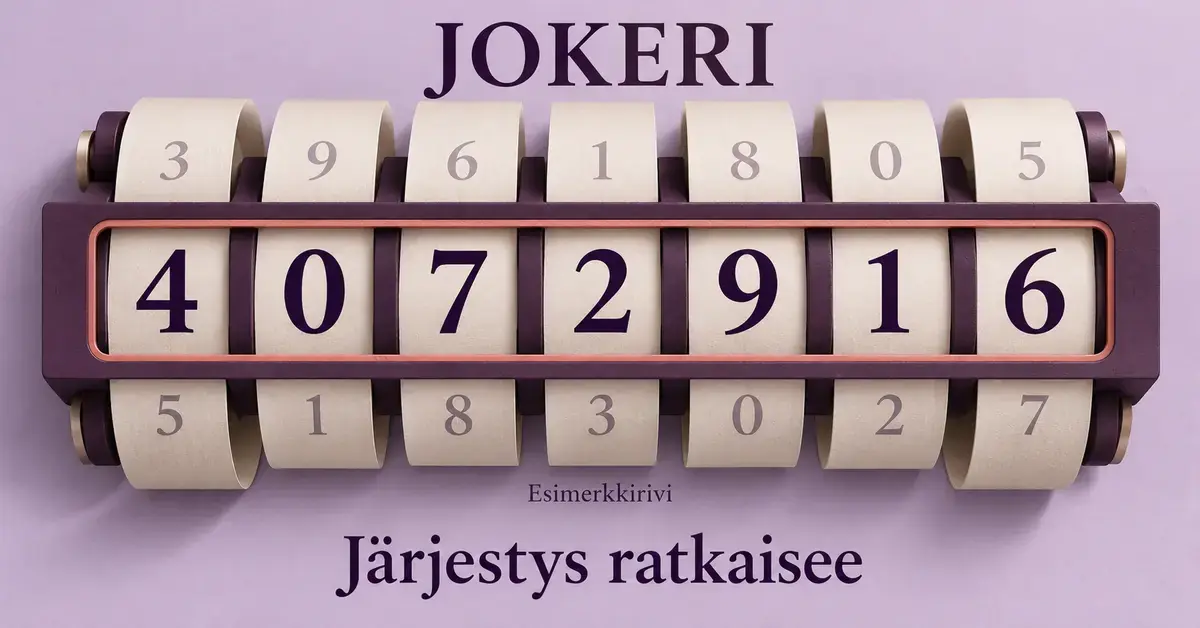 Seitsemän numeronauhaa muodostaa Jokerin esimerkkirivin 4072916 violetilla taustalla, ja teksti ”Järjestys ratkaisee” korostaa numeroiden oikean järjestyksen merkitystä.