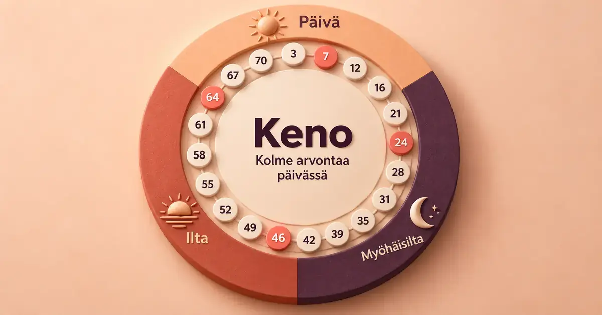 Kenon kolmea päivittäistä arvontaa havainnollistava numerokehä, jossa päivä, ilta ja myöhäisilta on merkitty auringon, auringonlaskun ja kuun symboleilla.