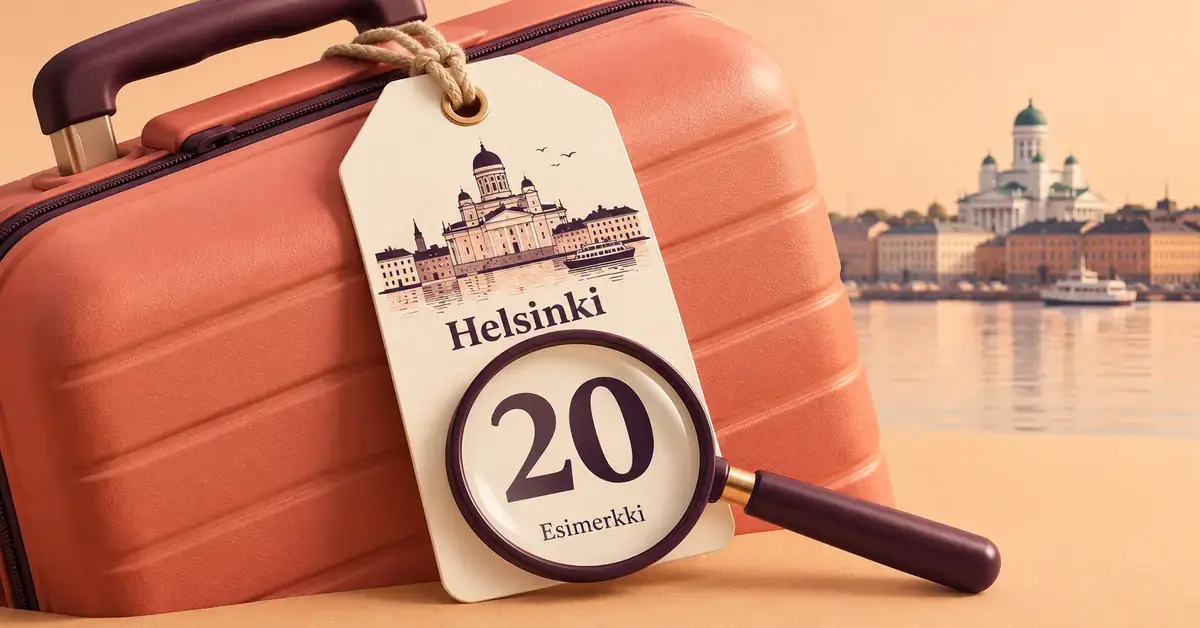 Korallinvärisen matkalaukun nimilapussa näkyvä esimerkkiyhdistelmä Helsinki 20 ja suurennuslasi havainnollistavat Lomatonnin ideaa ja tulosten tarkistamista.