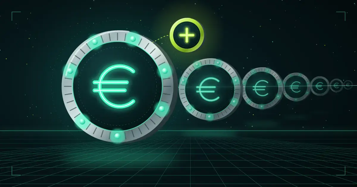Futuristinen platinanhohtoinen eurokolikko, jonka reunassa hohtaa seitsemän valittua numeropalloa, saa rinnalleen pienemmän limenvihreän plus-kolikon, ja sen takana pienenevä kolikkojono havainnollistaa, miten loton hinta kertautuu rivien ja arvontojen määrän mukaan.