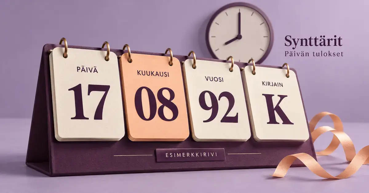 Synttärit-pelin esimerkkirivi 17.08.92 ja kirjain K näkyvät pöytäkalenterissa, jonka taustalla kello osoittaa iltakahdeksaa.