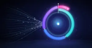 Futuristinen hohtava rengaskaavio, jossa kolmen lopputuloksen todennäköisyyssektorit ylittävät täyden ympyrän magentanvärisellä jatkeella vedonvälittäjän katteen merkiksi, ja vasemmalta renkaaseen virtaavat datasäikeet kuvaavat kertoimien muodostumista.