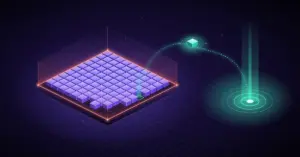 Futuristinen isometrinen pelikassaholvi, jossa sata samankokoista violettia yksikköä on korallinpunaisena hehkuvan rajakentän sisällä ja yksi minttuvihreä yksikkö nousee irti ja liitää pisteviivaa pitkin kohti hohtavaa kohderengasta.