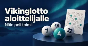 Vikingloton aloittelijan oppaan kuvituksessa on numeroituja lottopalloja ja pelikuponki tummansinisellä taustalla sekä teksti ”Vikinglotto aloittelijalle – Näin peli toimii”.