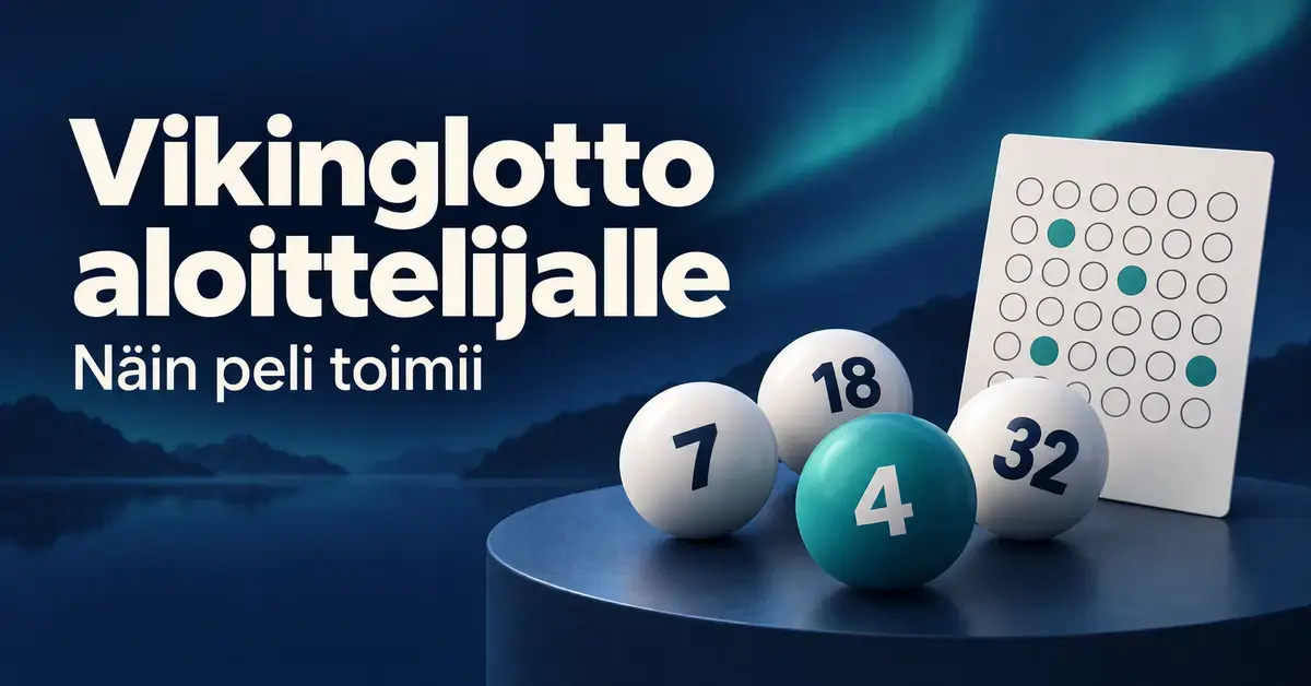Vikingloton aloittelijan oppaan kuvituksessa on numeroituja lottopalloja ja pelikuponki tummansinisellä taustalla sekä teksti ”Vikinglotto aloittelijalle – Näin peli toimii”.